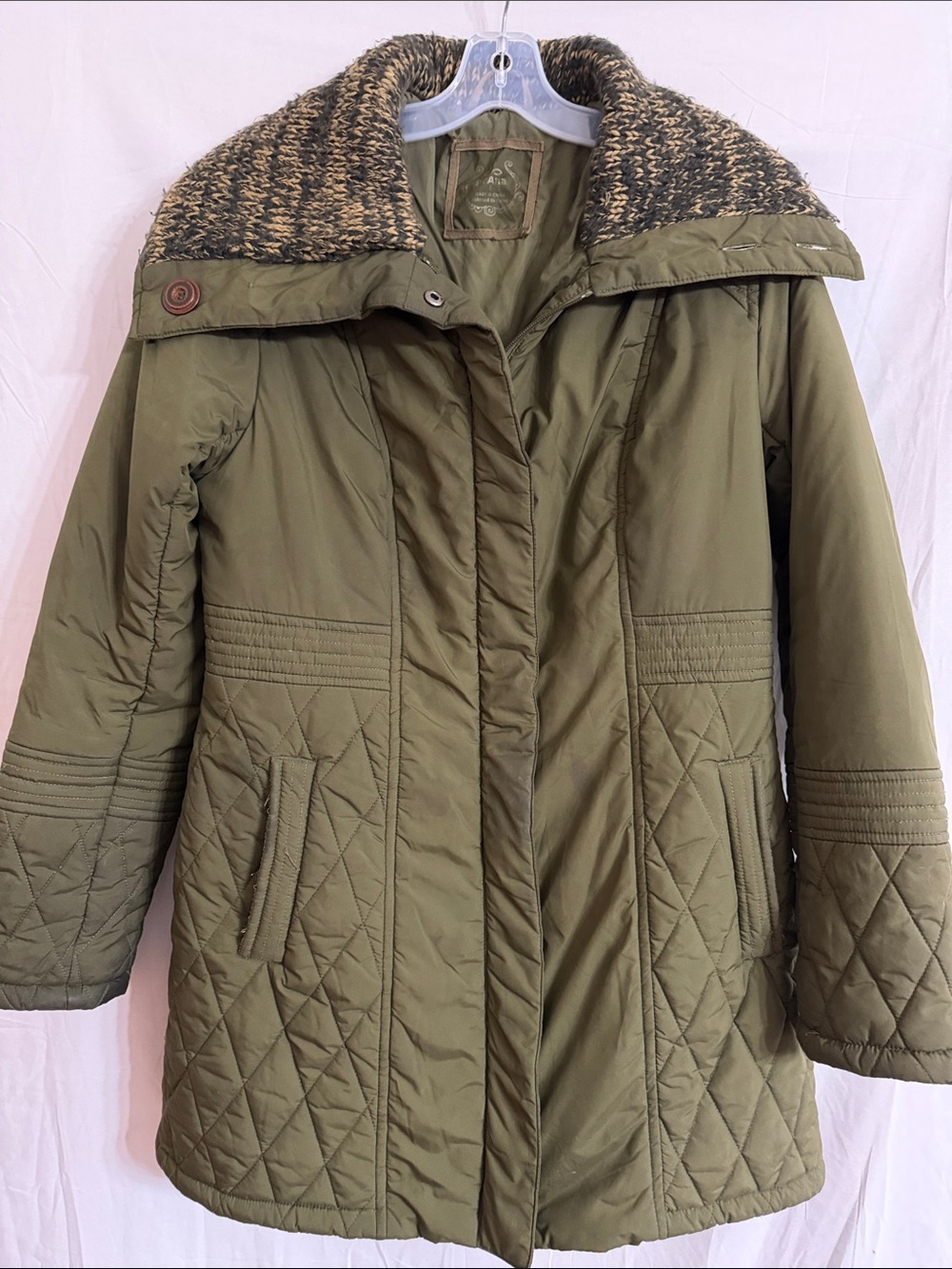 Prana Olive Quilted Women's Puffer Coat with Knit Funnel Collar